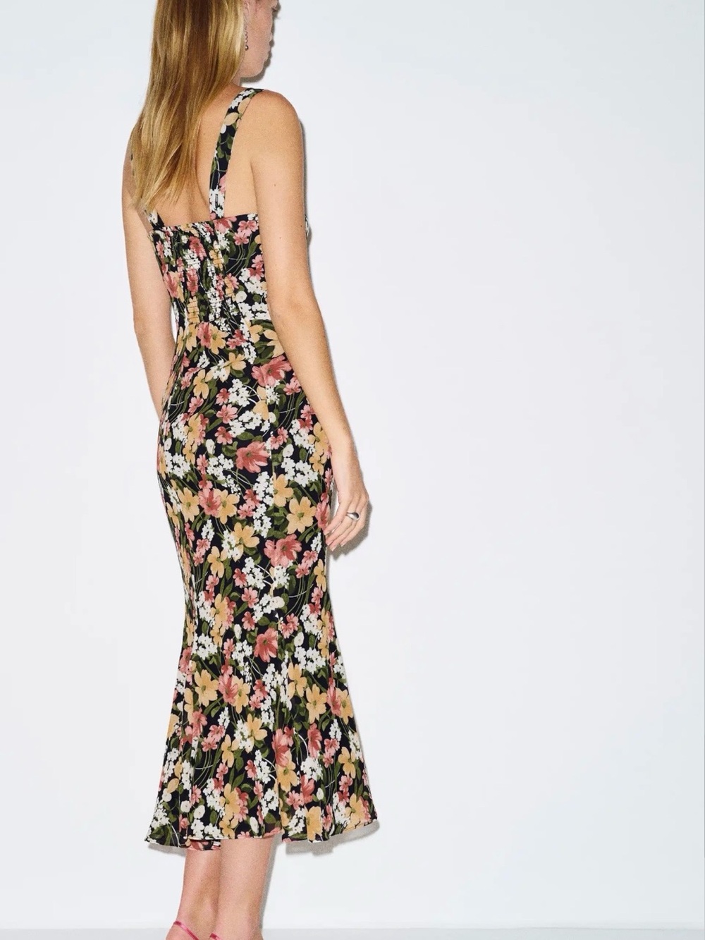Floral Midi Dress in Black with Pink, Green, Orange & White Floral Print